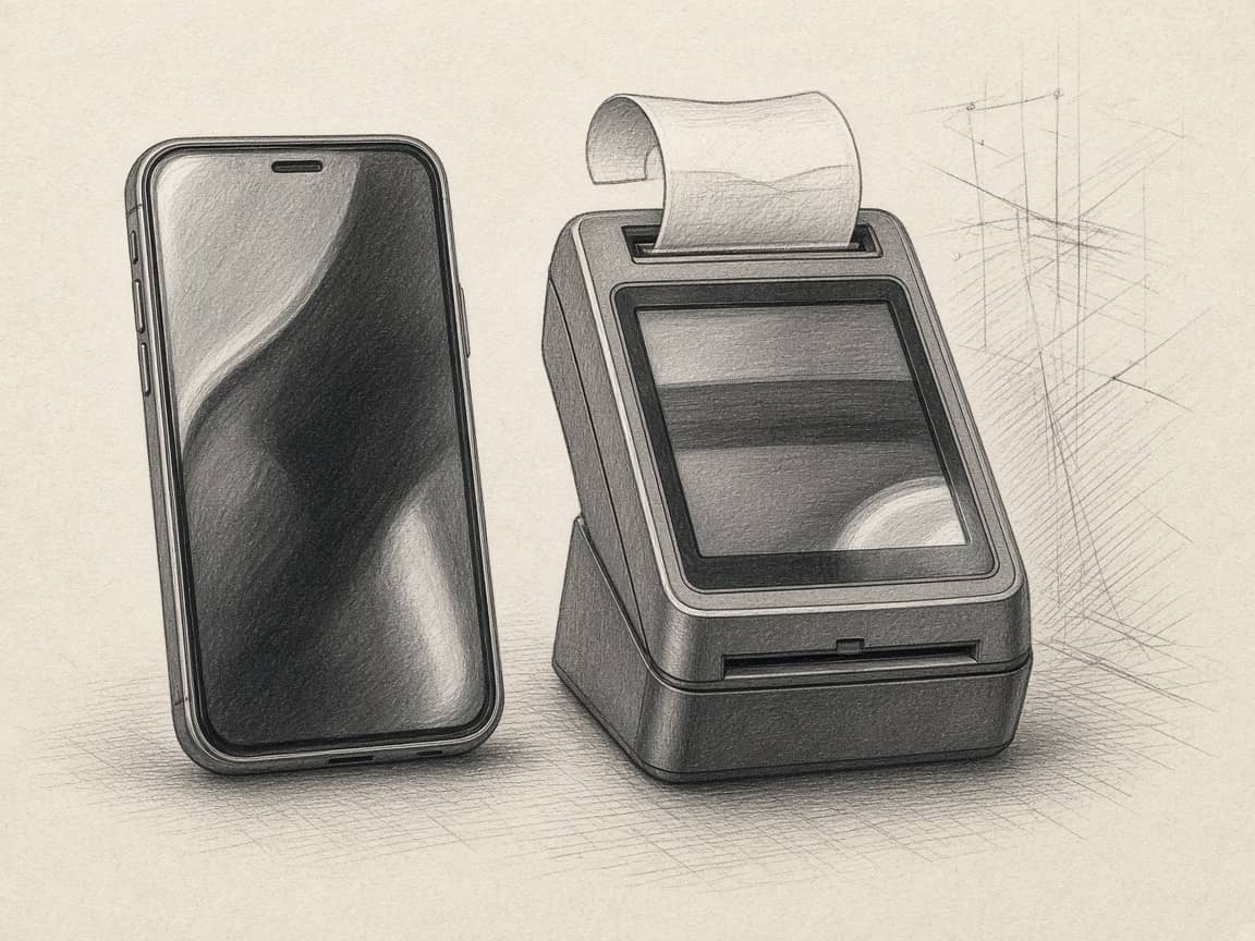 Desenho realista em grafite de um smartphone e um terminal de pagamento POS